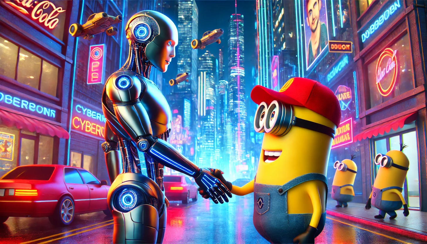 A cyborg shaking hands with a Minion wearing a red cap in a vibrant cyberpunk city setting. The scene is lit with neon lights reflecting off sleek, futuristic buildings, and there are holographic billboards glowing in the background. The cyborg has a metallic body with blue LED lights, while the Minion is smiling and wearing the signature red cap. The atmosphere is lively, with flying cars and colorful street signs.