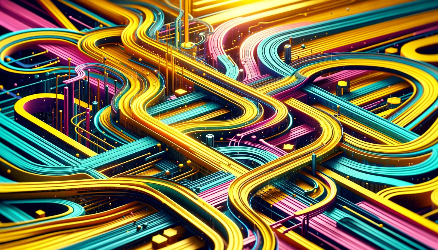 A visually striking and abstract representation of the concept of multiple paths in the context of AI and professional growth. The image should incorporate bright yellow, cyan, and magenta colors to create a vibrant and imaginative depiction. Focus on abstract pathways, intertwining roads, or diverging trails that symbolize the various directions and choices in the journey of learning and growth with AI. Avoid stereotypical AI imagery, and instead, use dynamic and creative elements that evoke a sense of exploration, decision-making, and the potential for diverse futures in a technology-driven world. The image should have a 16:9 aspect ratio, making it ideal for use as a header in an online article or LinkedIn post.