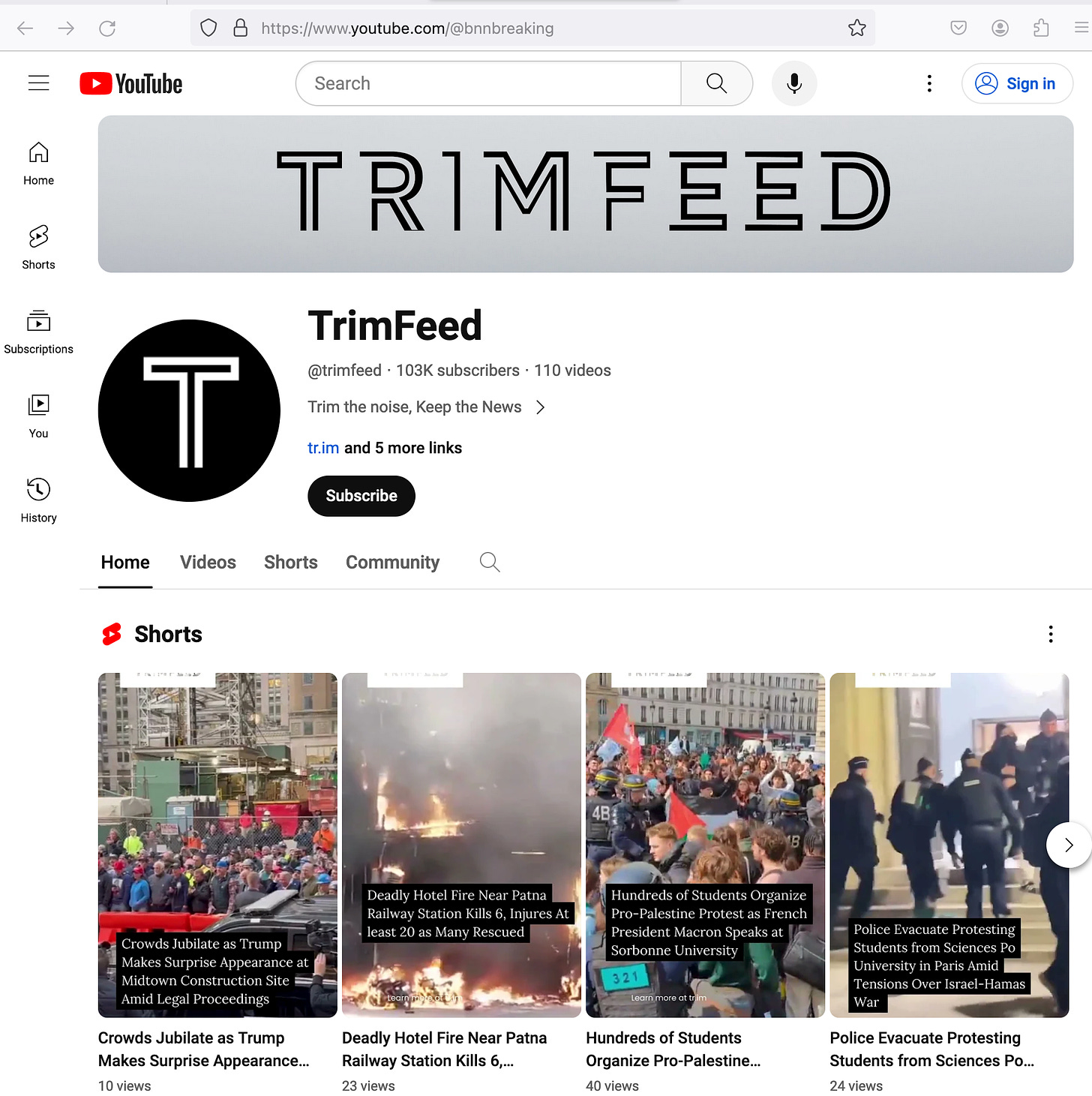 screenshot of the Trimfeed Youtube channel, with @bnnbreaking handle visible in the address bar