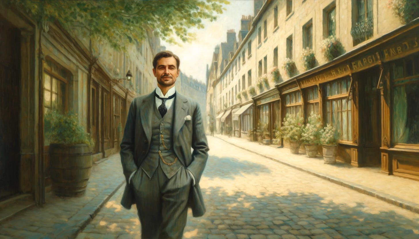 An impressionistic oil painting inspired by Fritz Syberg's style, depicting a suited man walking confidently down a cobblestone street in early 1900s Europe. The man, dressed in a tailored suit with a vest and pocket watch chain, has a smirk on his face, exuding charm and confidence. The street is lined with old European buildings featuring weathered facades and flower boxes on the windowsills. Soft, dappled sunlight filters through leafy trees, casting gentle shadows on the street and the man. The color palette is gentle and pastel-like, with muted greens, soft creams, pale blues, and warm browns, capturing the peaceful essence of a sunny day. The composition emphasizes the man’s individuality and the serene, timeless charm of the setting, presented in a wide aspect view.