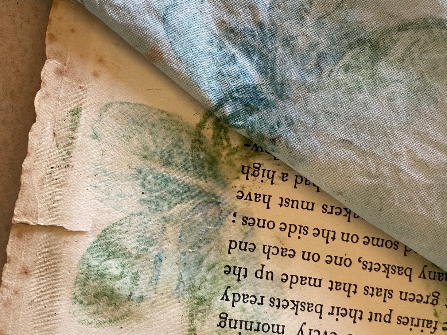 an indigo leaf print on a sheet of vintage paper in teal greens reflected in a folded back piece of cloth that divides the image diagonally