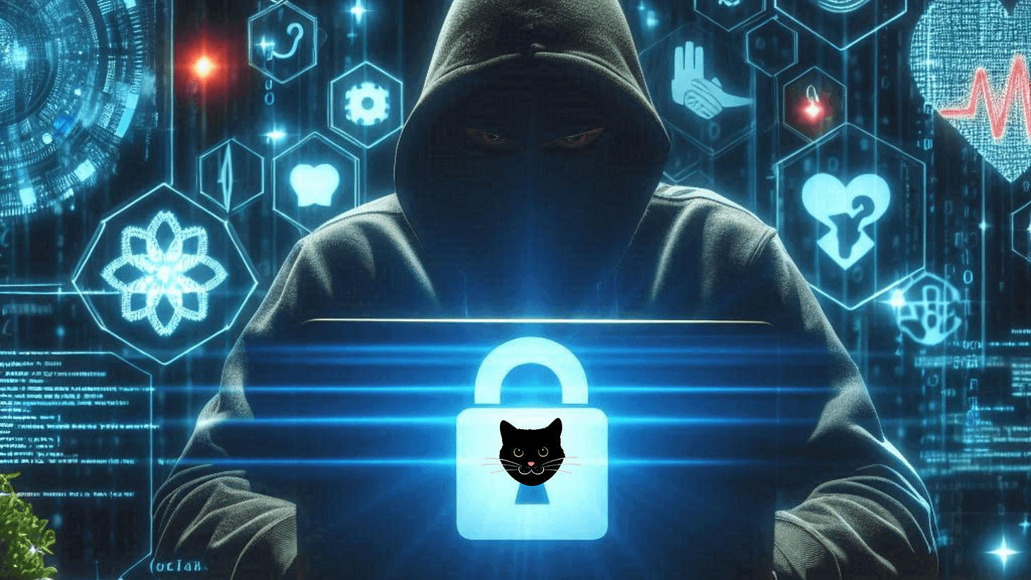 Image of hacker, lock and a cat face