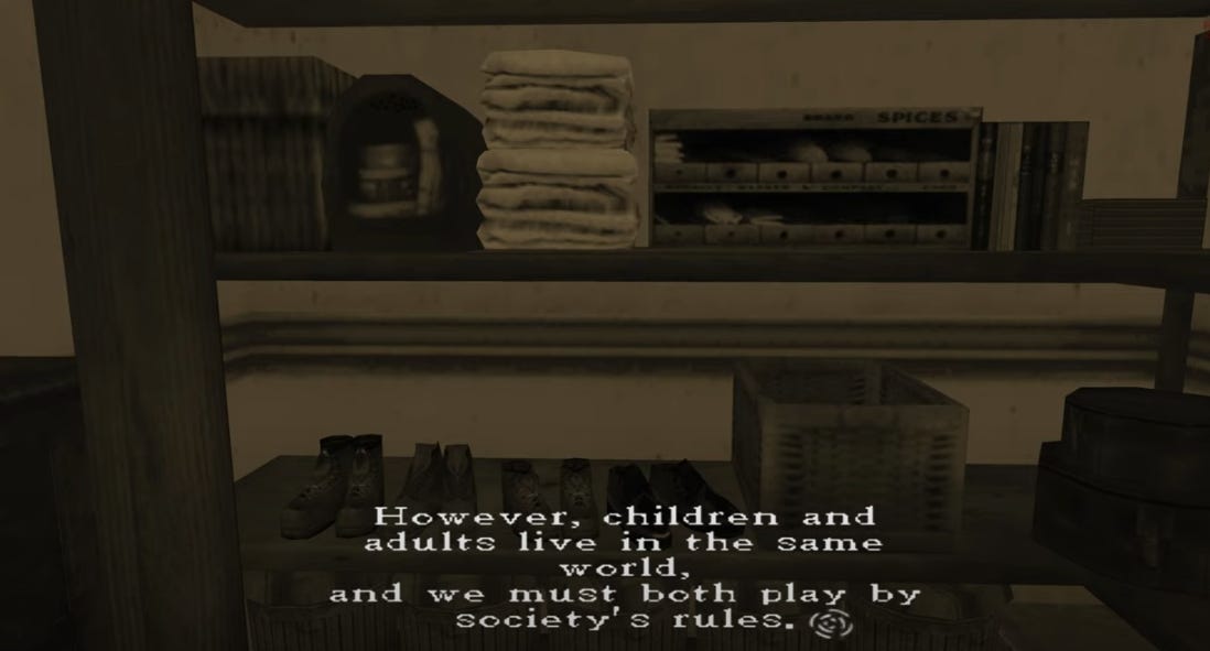 A screenshot from a flashback sequence at the end of the game. The player is looking at a set of shelves containing linens, shoes, etc. The text reads: "However, children and adults live in the same world, and we must both play by society's rules." 