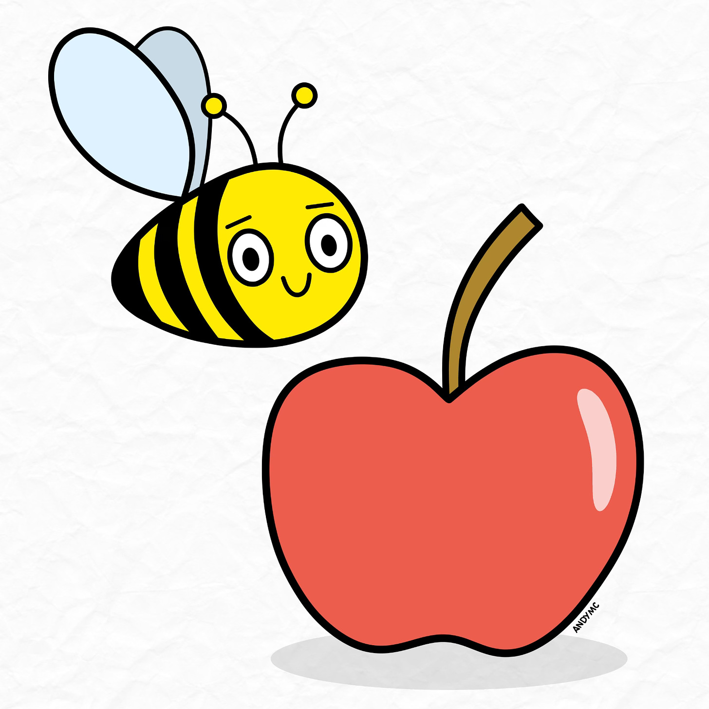 a cartoon illustration of a bee and an apple