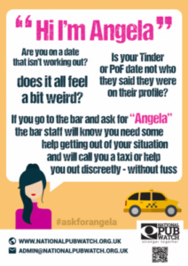 An Ask for Angela poster that explains how to request help from bar staff.