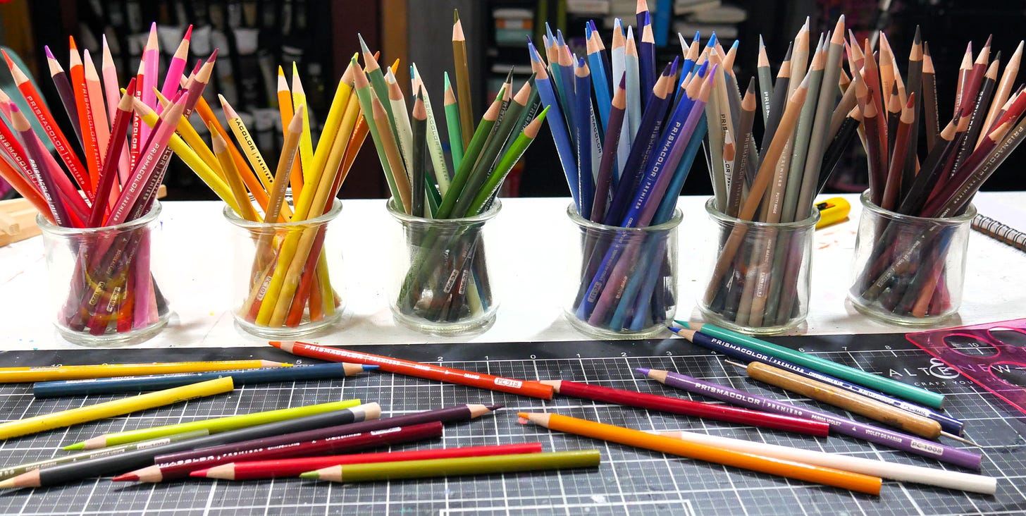 jars of colored pencils