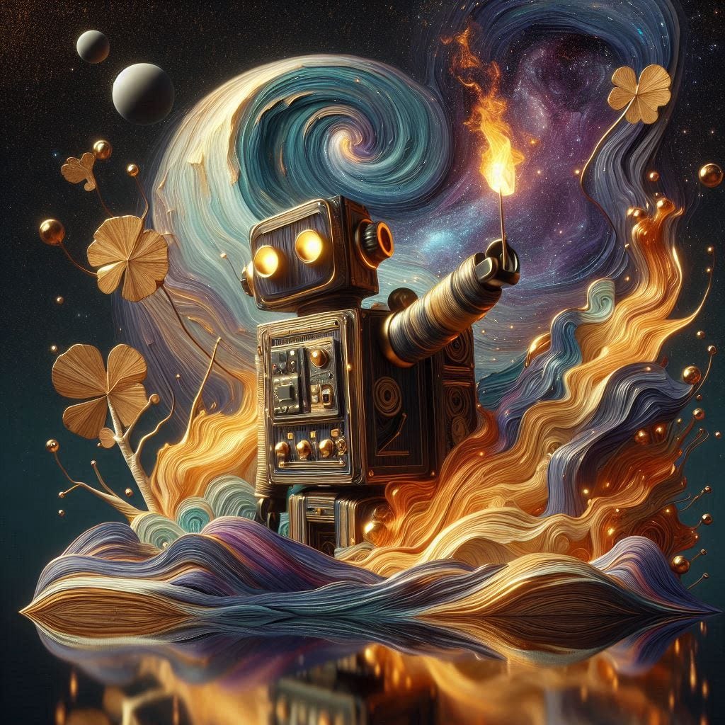  5d angle glass leaf with with a small fire in it over image of  Birchwood/rosewood burnished metal robot modeling angst for camera. His clothes are made of black and purple starry night/ water in resin/soft, beautiful/honey-wood and copper/Marquetry,verdigris. mountain / fluffy cloud floating low in foreground / honey-gold-swirl/surrounded by copper leaves.REFLECTED/ Inspired by style of Jeffrey Catherine Jones /swirling clouds under moon.black starry sky / love/ bliss