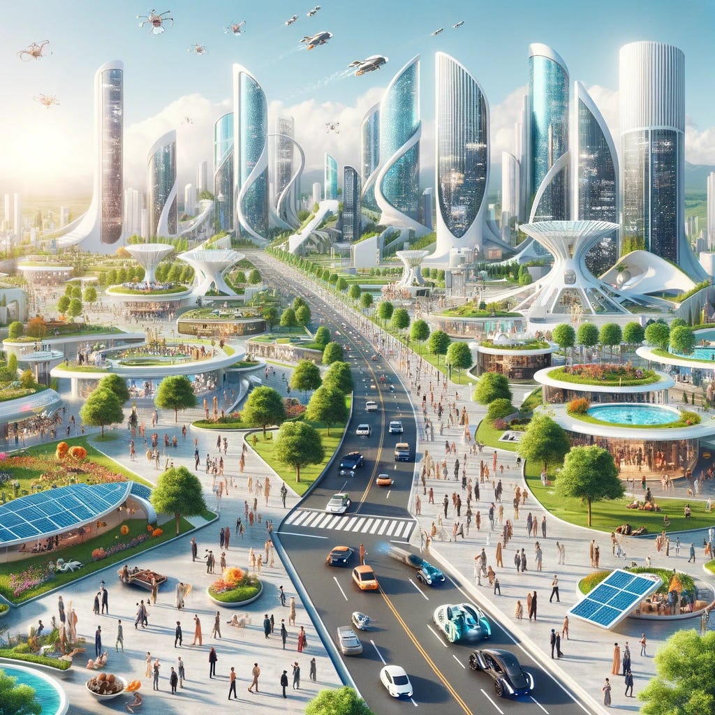 A utopian world where everyone enjoys high status, depicted in a harmonious and advanced society. The image shows a cityscape with futuristic architecture, lush green parks, and clean, wide streets. People of diverse descents and genders, all dressed in elegant, stylish clothing, are engaging in various activities like discussing, walking, and relaxing. The environment is pristine, with solar panels and wind turbines seamlessly integrated into the buildings. Advanced, eco-friendly vehicles move smoothly along the roads, and in the sky, drones and flying cars coexist peacefully. The atmosphere is serene, with a clear blue sky and the sun shining brightly.