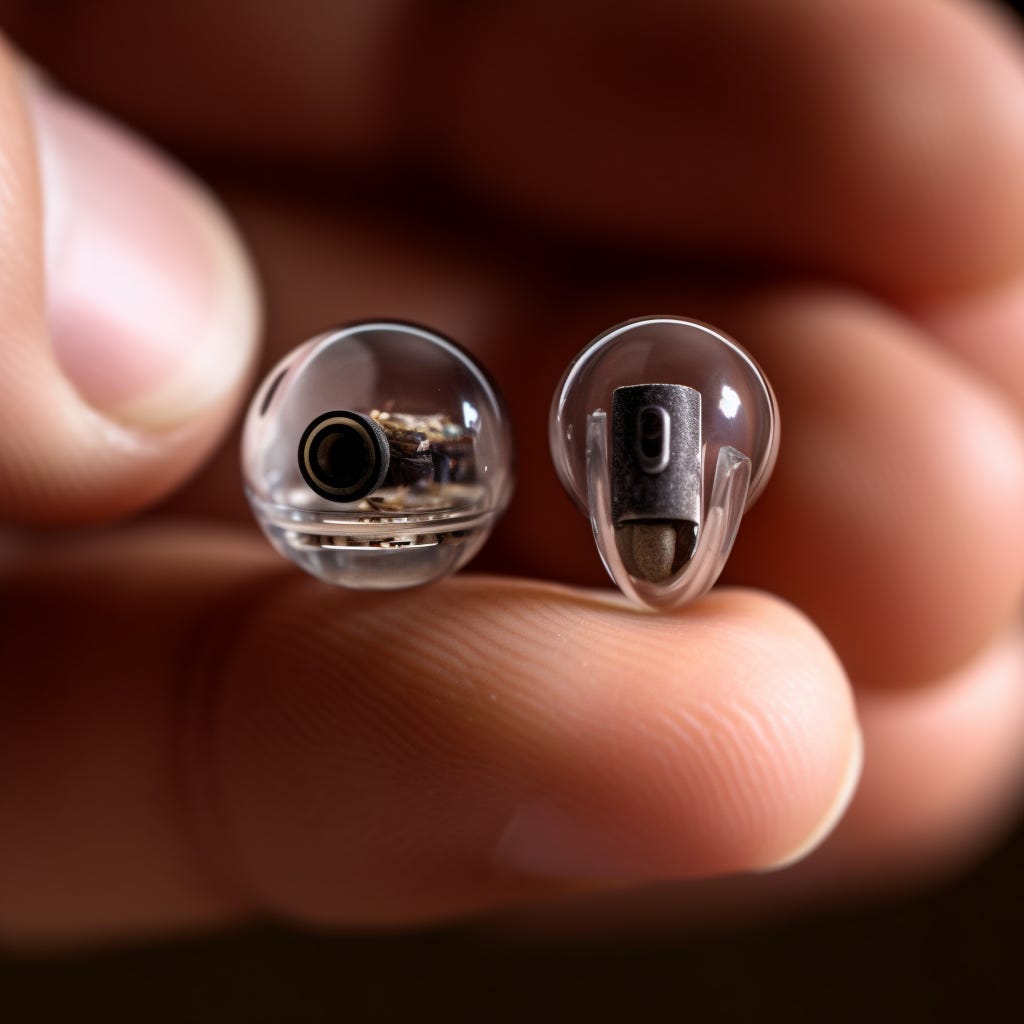Close up photo of small, clear earbuds. Generated by Midjourney.