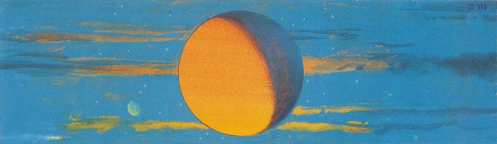 Color study of an orange moon, partially in shadow, set in front of wispy clouds also orange against a light blue night sky. A second moon, gibbous and craggy, is offset lower left.