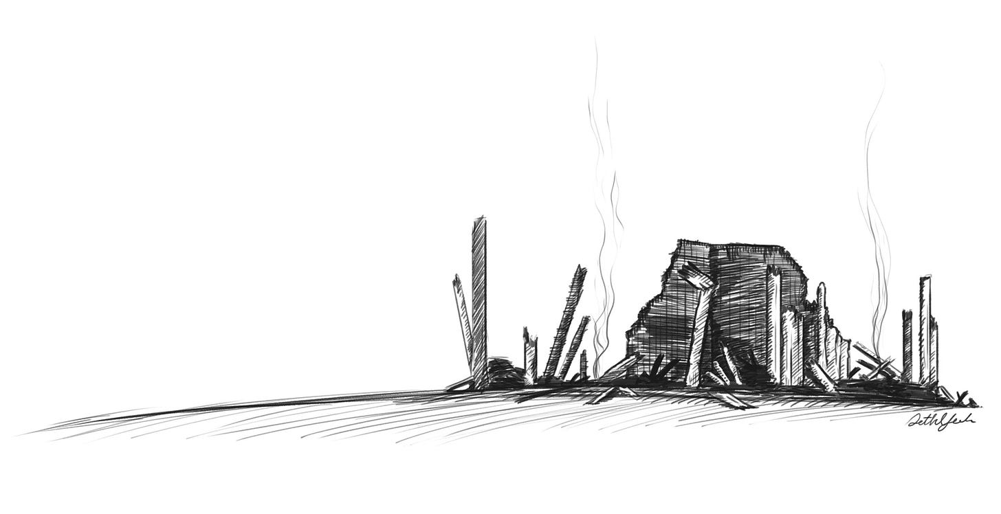 sketch of a barn that has been burned down