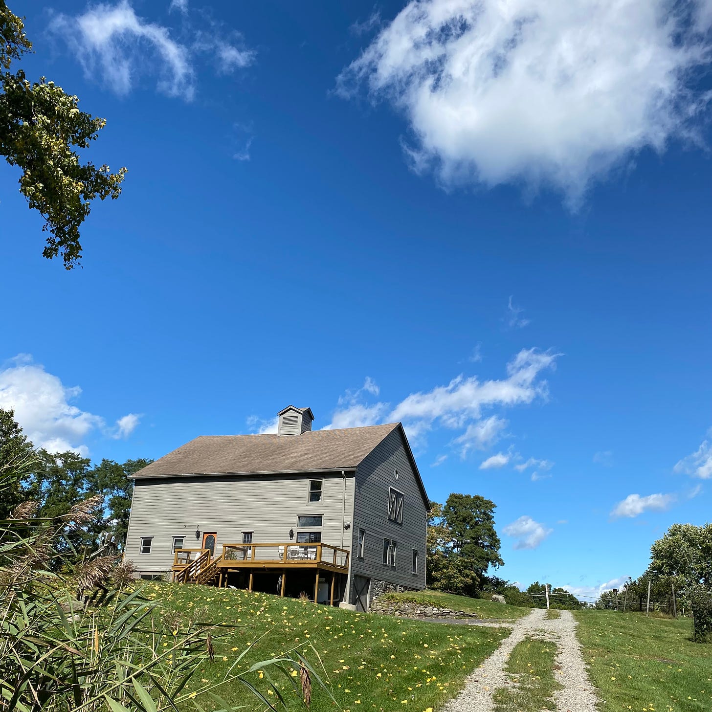 A blue sky, green grass and a grey barn with a brown deck.