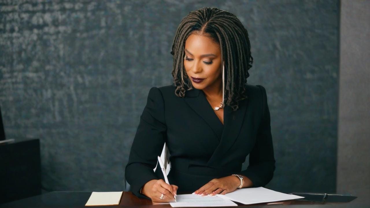 Black Woman  with locs wearing in black dress and business suit writing a letter