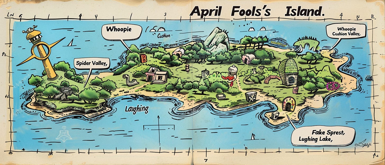 A whimsical, illustrated map titled "April Fool's Island," featuring playful locations such as Whoopie Cushion Valley, Spider Valley, and Laughing Lake. Prominent features include a large gold pin like a monument in Spider Valley, cartoonish buildings, and characters scattered throughout. The landscape is a mix of green hills, water features, and paths connecting the areas, with puns and humor embedded in the labels and drawings, all set against a backdrop mimicking aged parchment.