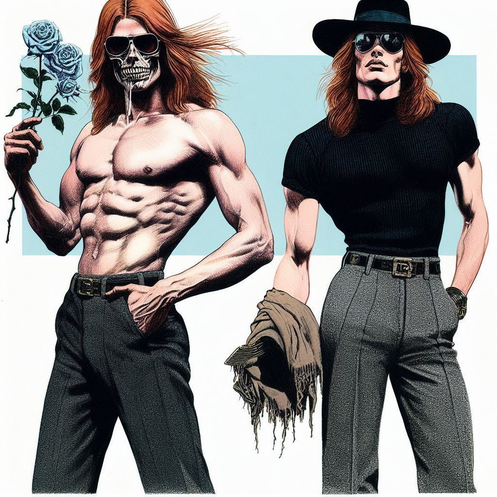 a thin lithely muscular red-blonde long-haired man and his psychic cannibal twin an angular jawline and high cheekbones wearing movie star sunglasses and a wide-brimmed hat with a fine-ribbed tank top tucked into slim charcoal grey worsted wool trousers with stylish italian bootsmeeting samuel beckett holding blue hearts and roses in a chic stylish illustration from 1969