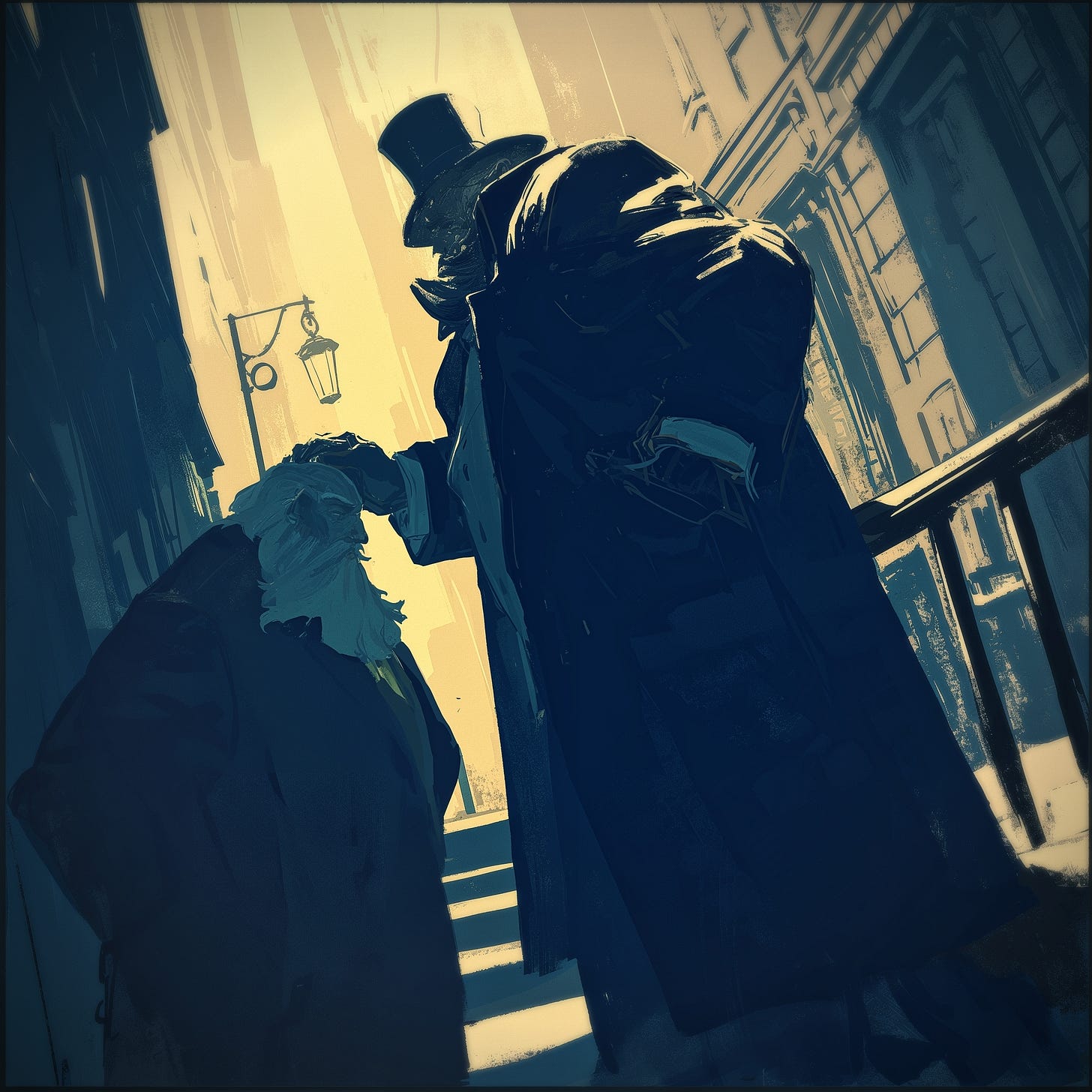 Digital illustration in grimdark Victorian style. A wealthy man in top hat and long coat towers over and patronizingly pats the head of an elderly beggar in tattered coat. Scene set in dim winter alley lit by single gas lamp casting harsh shadows. Image captures power dynamics between privileged professional class and those whose survival depends on their policies. Digital tools included AI.