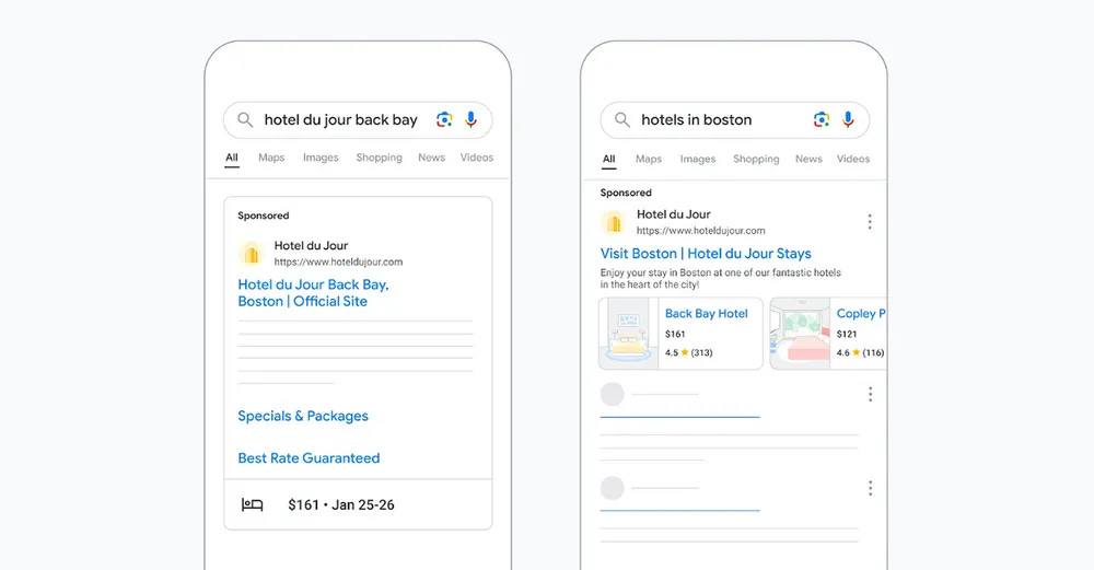 Ads shown for the queries "Hotel du Jour Back Bay" and "Hotels in Boston" showcase prices and other helpful feed data.