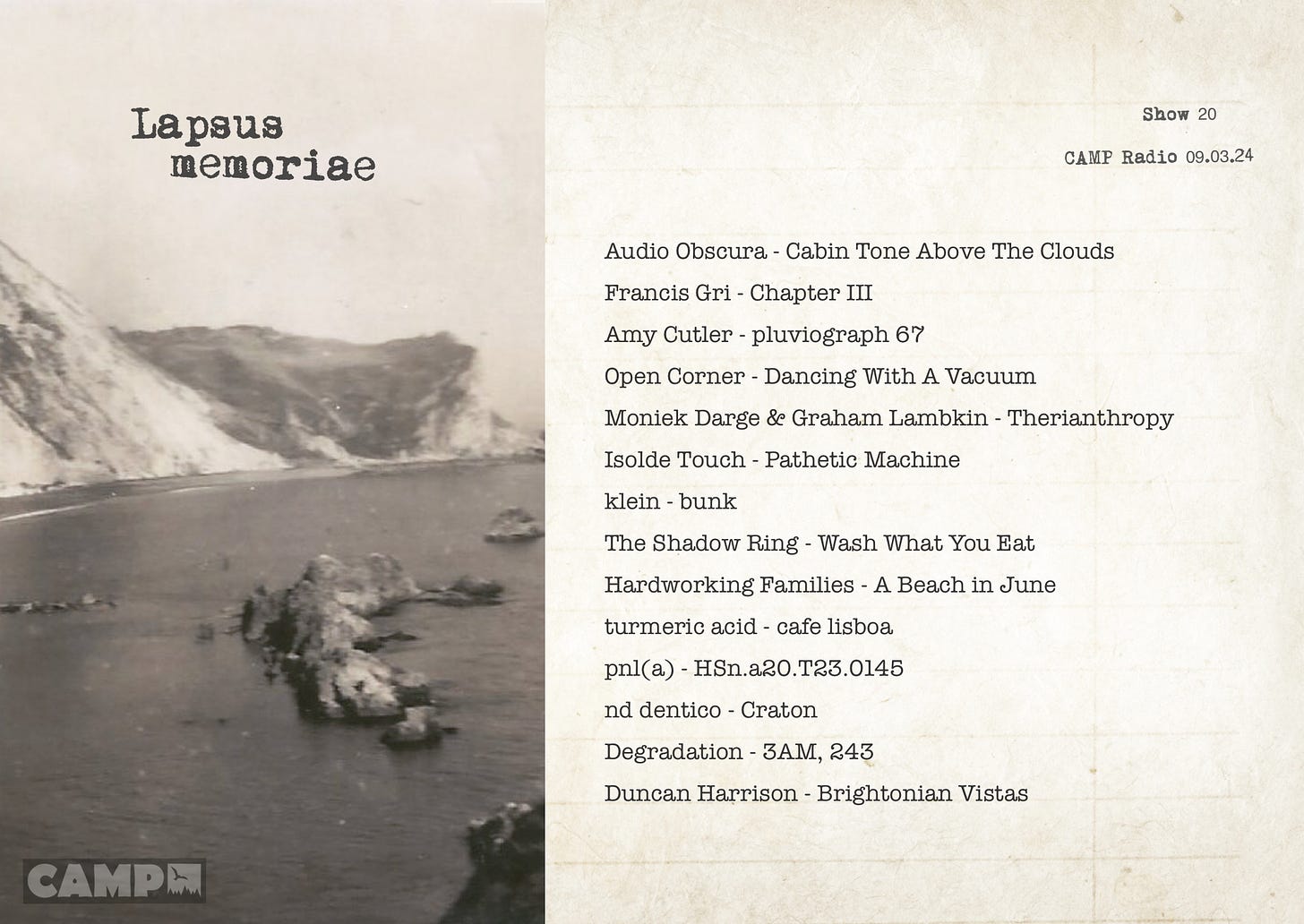 Tracklist for the Lapsus memoriae show 9 March 2024.