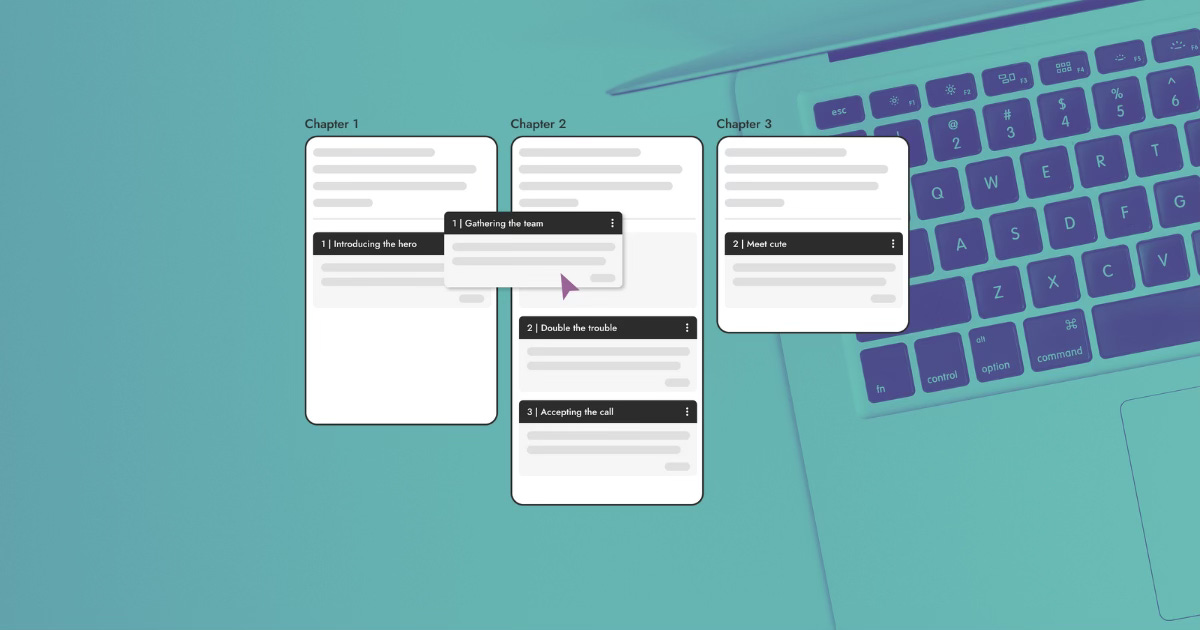 The background image shows the top-down view of an open laptop, and the foreground image is a 2D illustration of the scene outlining feature in First Draft Pro.