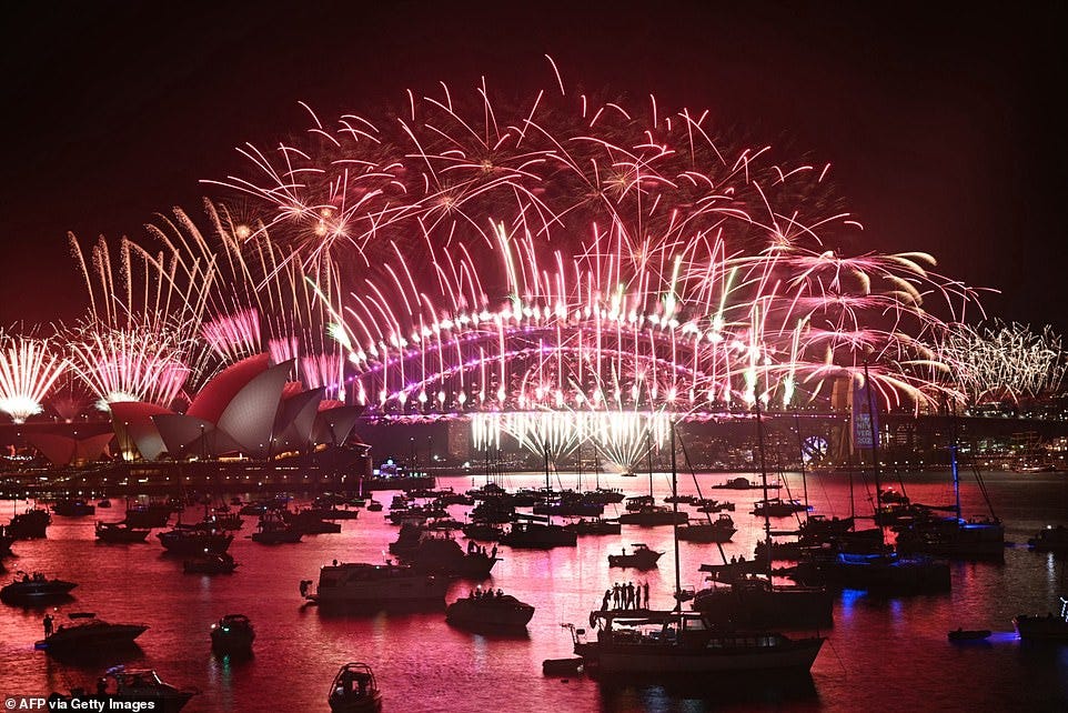 SYDNEY: Fireworks light up the midnight sky over Sydney Harbour Bridge and Sydney Opera House during 2025 New Year's Day celebrations in Sydney on January 1, 2025