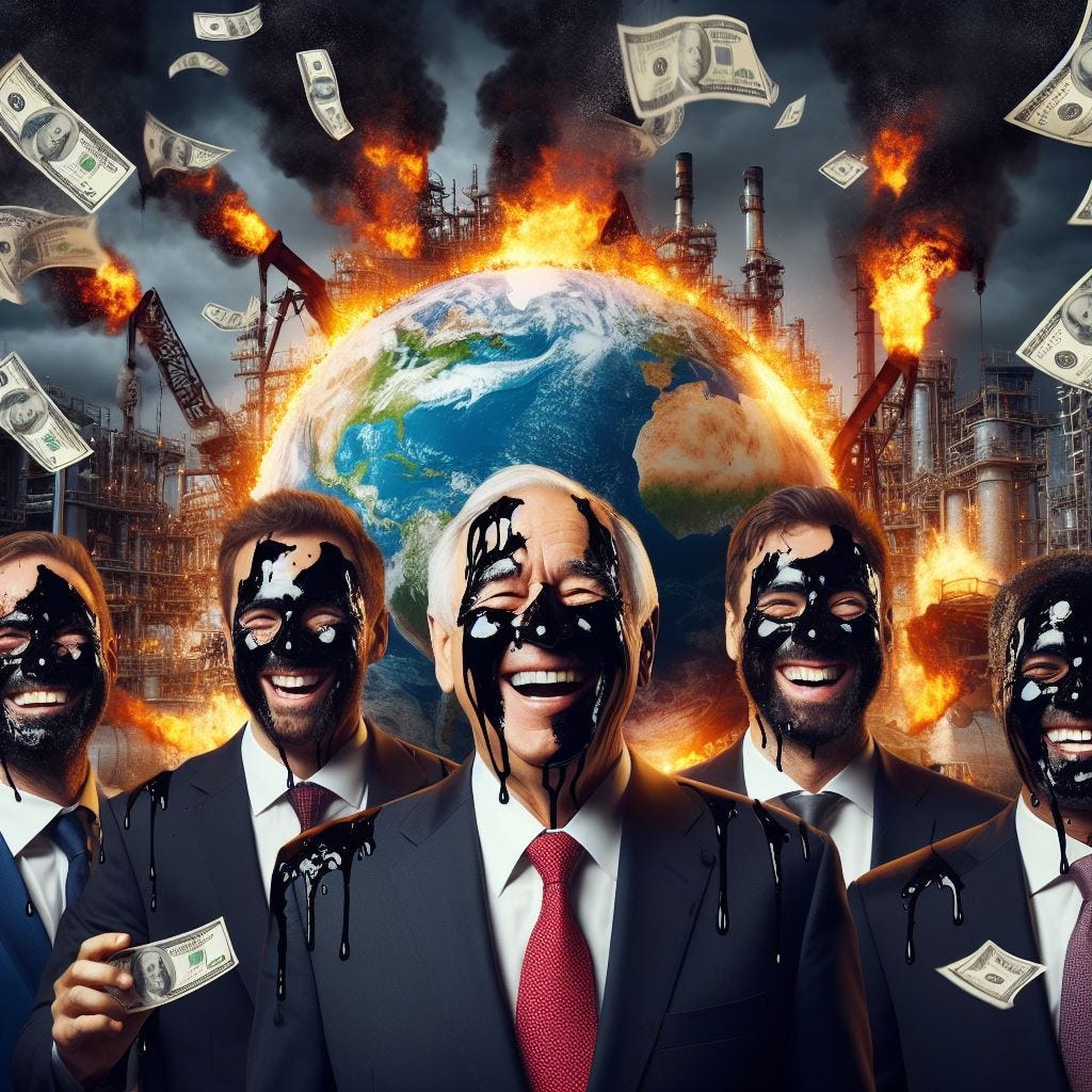 a bunch of CEOs of big oil companies with black splashes of oil in their face, grinning happily into the camera while the world is burning in the background and money is floating in the sky