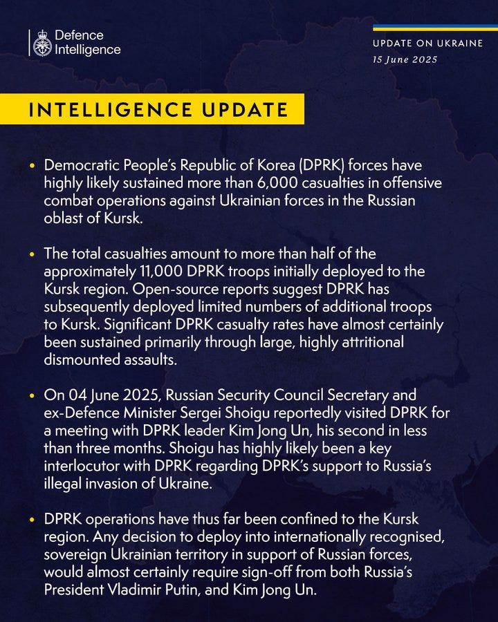 Democratic People’s Republic of Korea (DPRK) forces have highly likely sustained more than 6,000 casualties in offensive combat operations against Ukrainian forces in the Russian oblast of Kursk.
 
The total casualties amount to more than half of the approximately 11,000 DPRK troops initially deployed to the Kursk region. Open-source reports suggest DPRK has subsequently deployed limited numbers of additional troops to Kursk. Significant DPRK casualty rates have almost certainly been sustained primarily through large, highly attritional dismounted assaults.
 
On 04 June 2025, Russian Security Council Secretary and ex-Defence Minister Sergei Shoigu reportedly visited DPRK for a meeting with DPRK leader Kim Jong Un, his second in less than three months. Shoigu has highly likely been a key interlocutor with DPRK regarding DPRK’s support to Russia’s illegal invasion of Ukraine.
 
DPRK operations have thus far been confined to the Kursk region. Any decision to deploy into internationally re