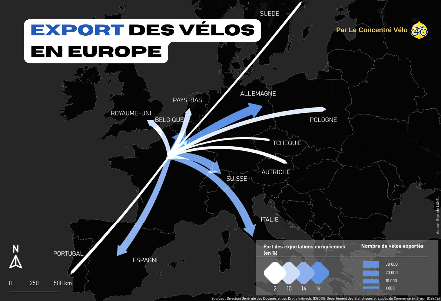 Carte d'europe des exports de velo