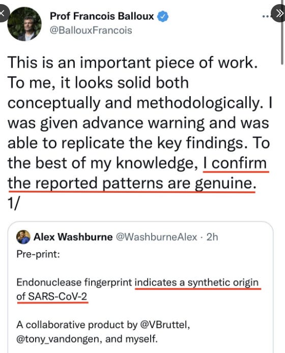 a Balloux tweet endorsing a pre-print from GBD-adjacent Alex Washburne who argues that COVID was engineered in a chinese lab. this paper was quickly debunked.
