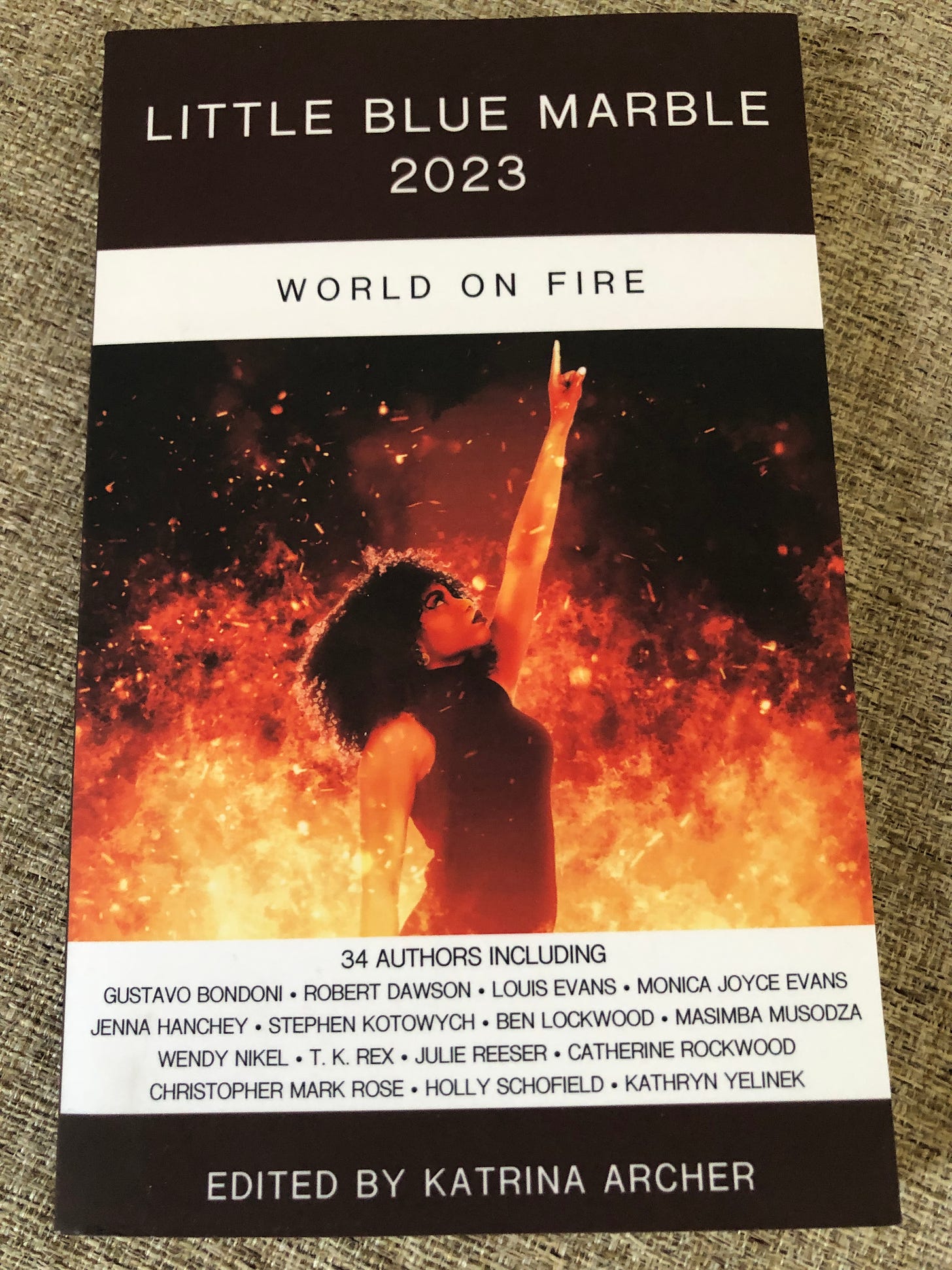 Image of woman pointing to the sky surrounded by fire, Little Blue Marble 2023: World on Fire, Edited by Katrina Archer