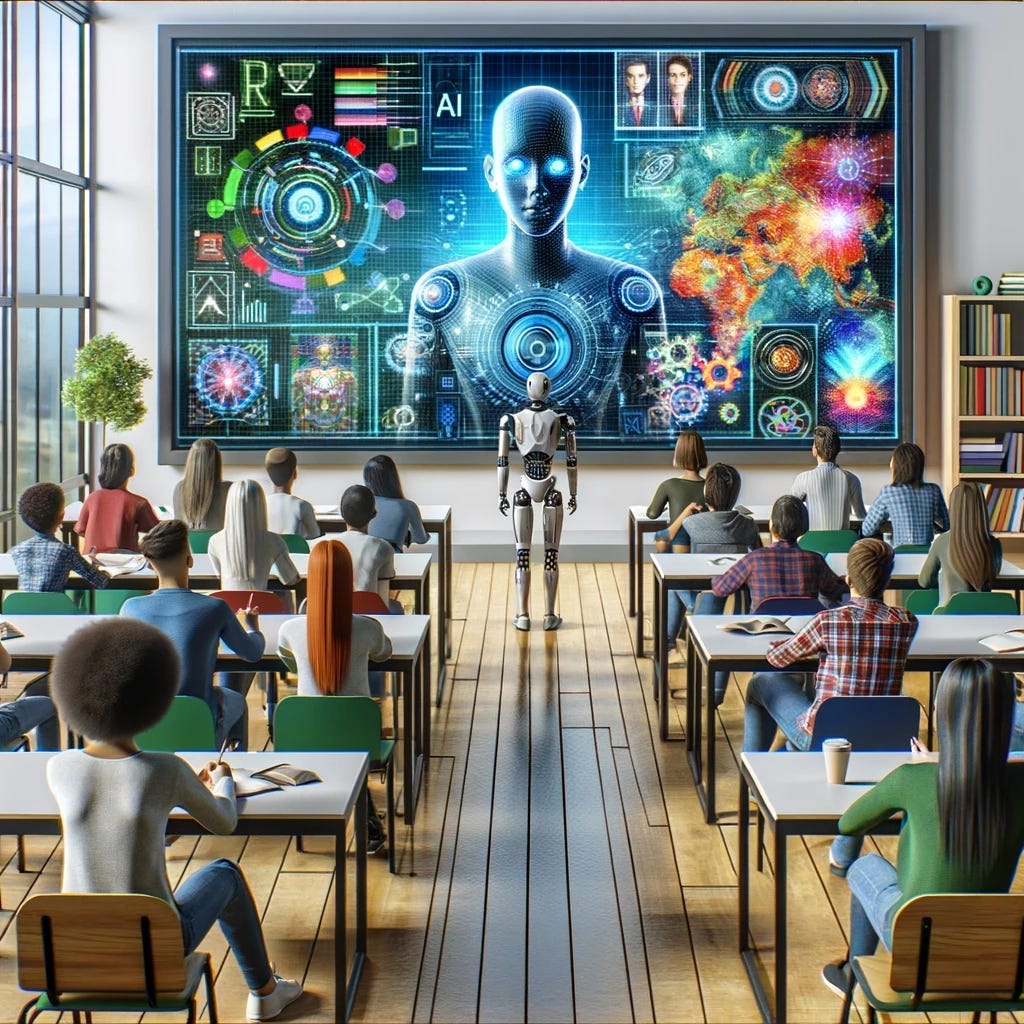 A colorful, futuristic digital classroom shows diverse students including a humanoid robot. They are all engaging with a large interactive smart board displaying AI and visual perception data. The environment is vibrant, filled with advanced educational technologies, symbolizing a modern learning atmosphere.