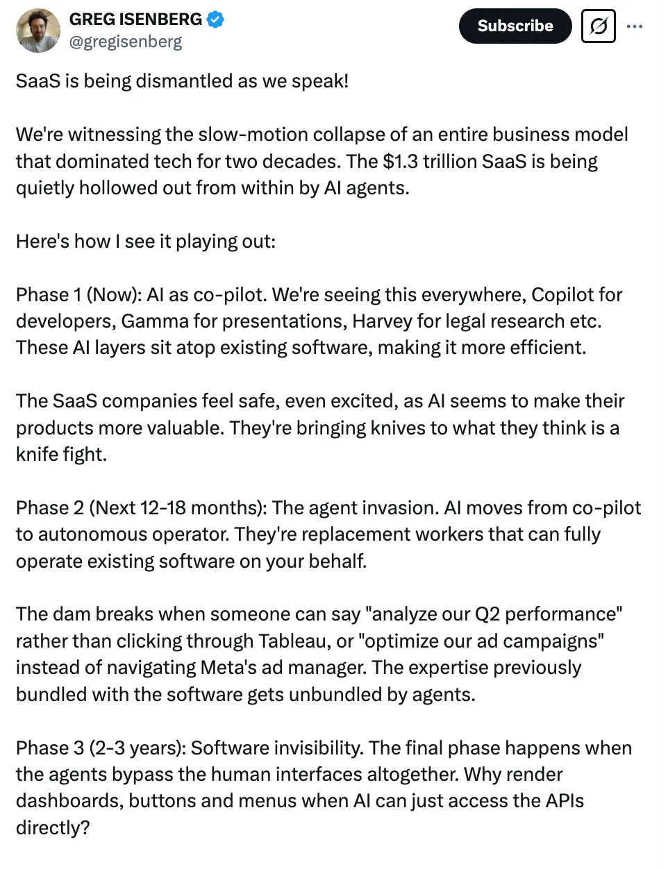 weet from Greg Isenberg discussing the dismantling of SaaS by AI agents, predicting a transition from AI copilots to full automation and software invisibility.