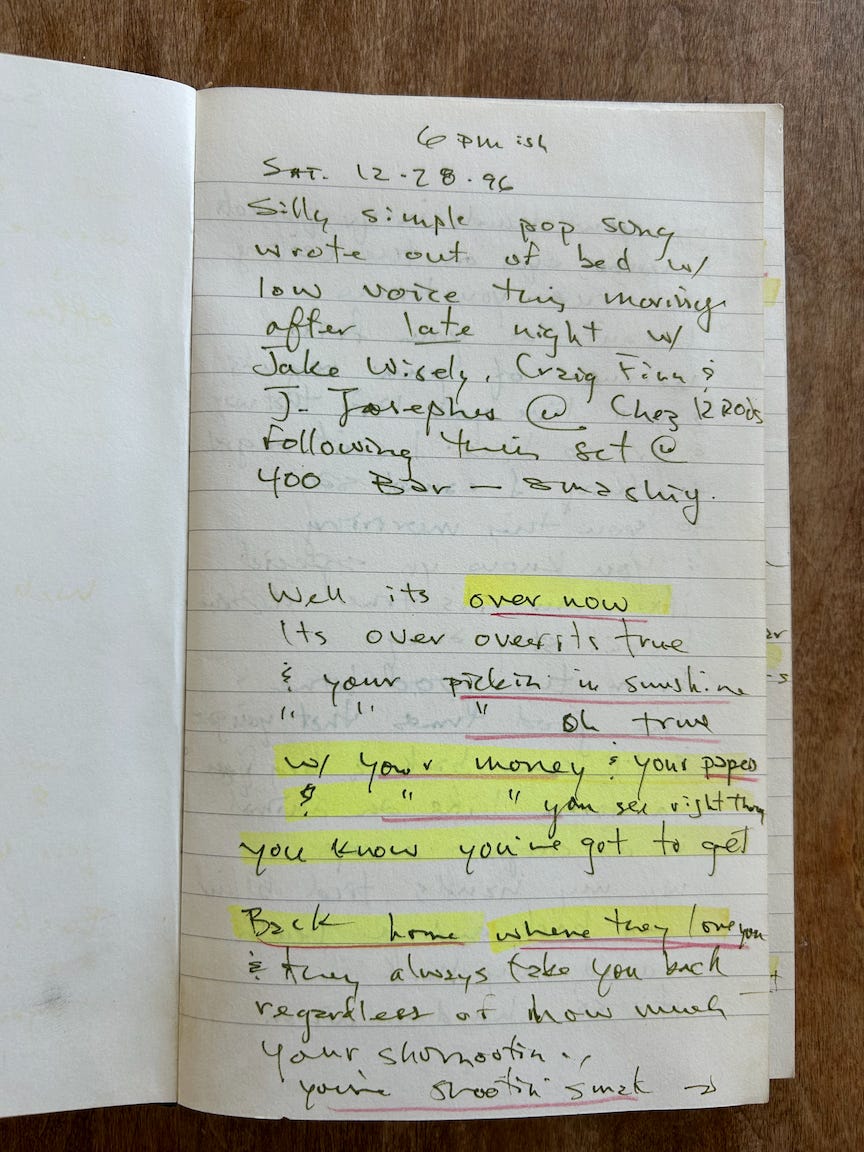 hand-written lyrics in Faux Jean's song writing journal