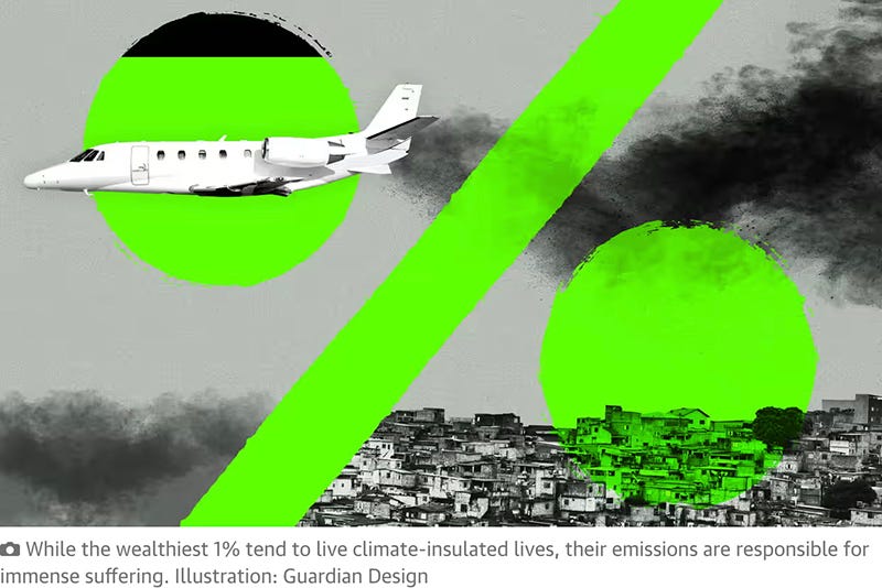 Private plane flying above makeshift housing with plumes of smoke coming out and a percentage sign across it. Text says, "While the wealthiest 1% tend to live climate-insulated lives, their emissions are responsible for immense suffering."