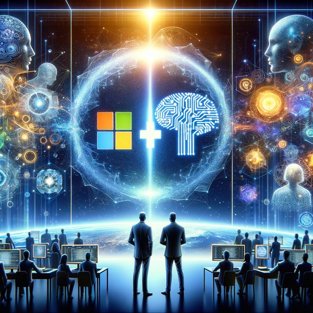 Visualize an innovative and futuristic meeting of minds, symbolizing Microsoft's acquisition of Inflexion and the formation of the new Microsoft IA division. The scene depicts a dynamic and modern space where technology and innovation converge. In the center, a holographic interface displays the logos of Microsoft and Inflexion merging together, surrounded by digital code and AI icons, illustrating the integration of the two entities. Mustafa Suleyman and Karén Simonyan, represented as visionary figures, stand at the forefront, overseeing the fusion, symbolizing leadership and innovation. The background is filled with abstract representations of AI technology, such as neural networks and futuristic computer servers, indicating the advanced technological environment of Microsoft IA. This illustration should capture the essence of a groundbreaking moment in tech, highlighting collaboration, AI advancements, and the strategic move by Microsoft to lead in the AI space.