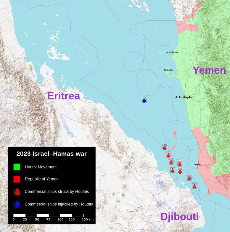 A map of the Houthi movement attacks on commercial ships during the Israel–Hamas war. Source: Wikimedia Commons