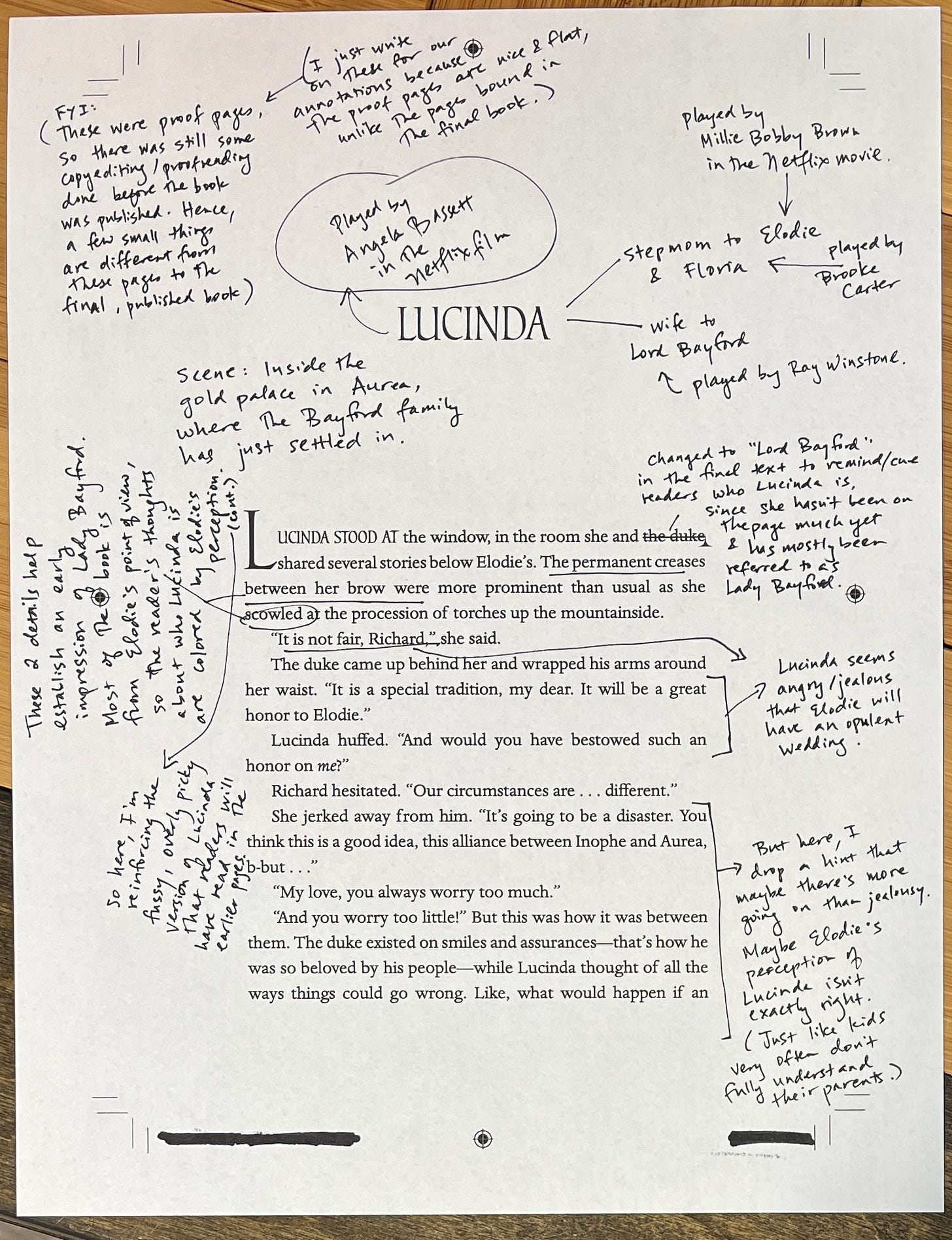 Annotated page from Damsel with notes from Evelyn Skye
