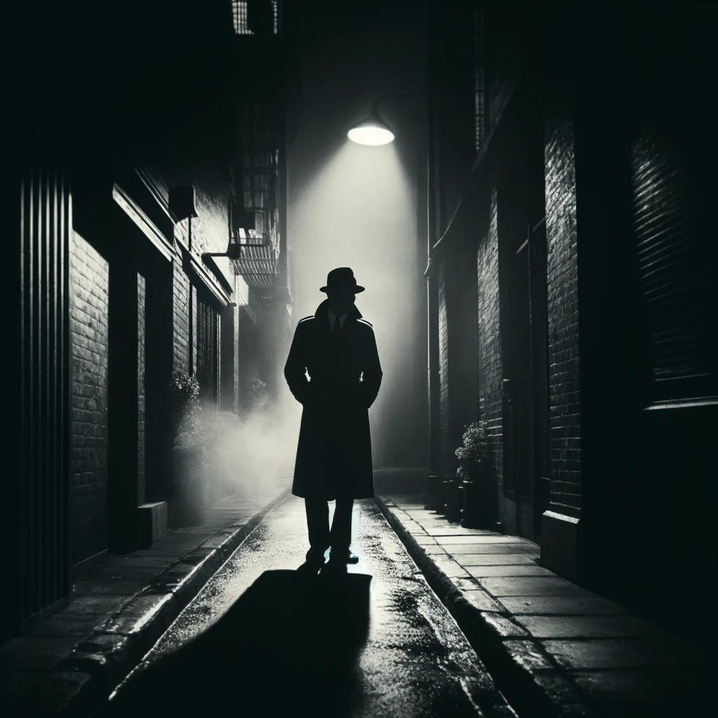 A moody, atmospheric scene in a film noir style. A man in a trench coat stands in a dimly lit alley, obscured by shadow. The alley is narrow with brick walls, and a single light from an overhead street lamp casts dramatic shadows. The scene conveys mystery and tension, typical of classic film noir.