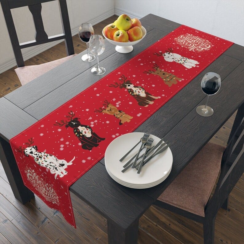 Doggy Merry Christmas Table Runner cotton Poly Red image 1