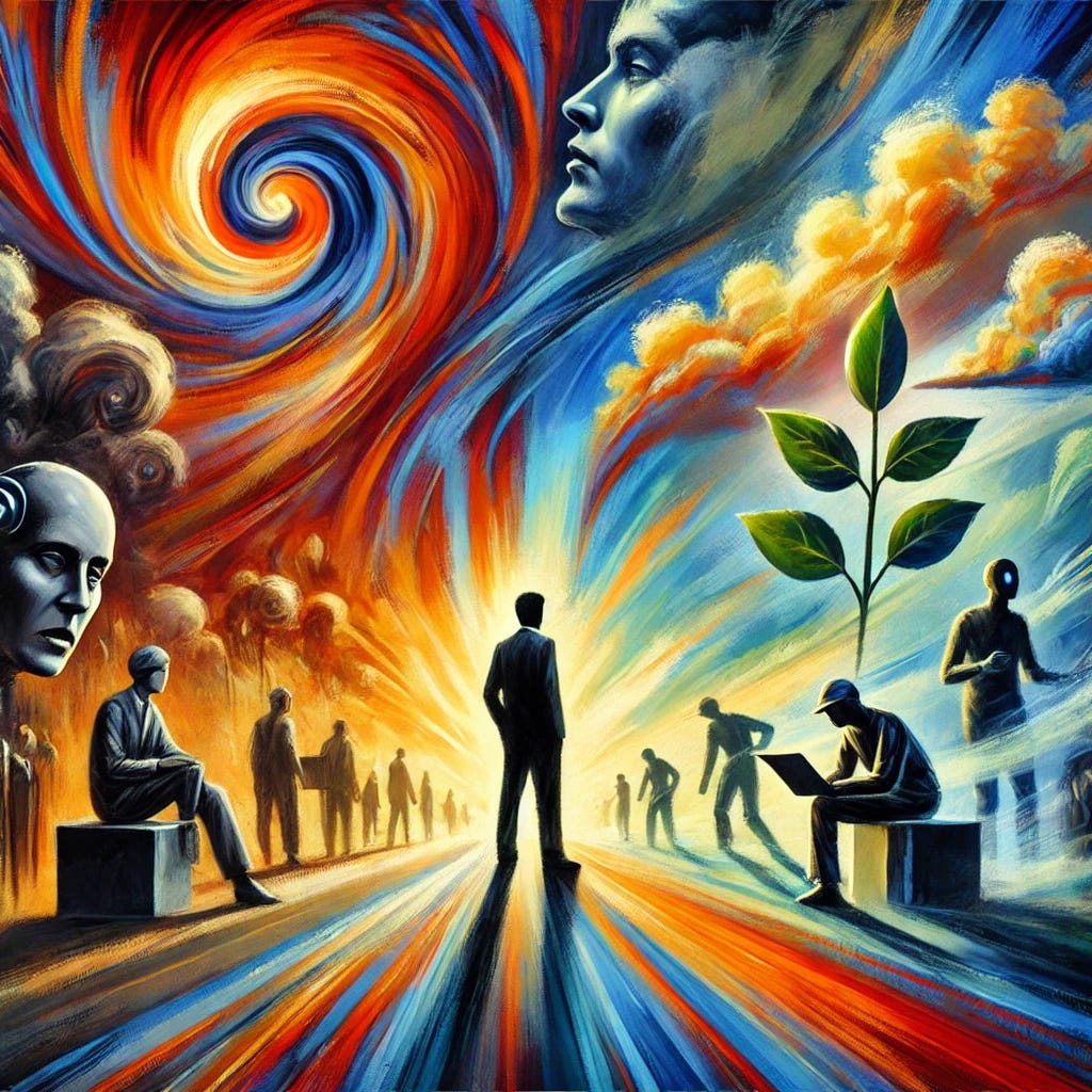 An abstract painting with bold, swirling brushstrokes and vibrant, contrasting colors. The central figure represents the economist David Autor, surrounded by symbolic representations of technology's impact on the job market. On one side, figures are shown losing jobs to computers, depicted as shadowy, displaced workers. On the other side, figures represent the hopeful future with AI enabling less educated workers to perform skilled tasks, depicted in bright, uplifting colors. The dramatic sky in the background suggests a significant, emotional atmosphere, reflecting the socio-economic shifts.