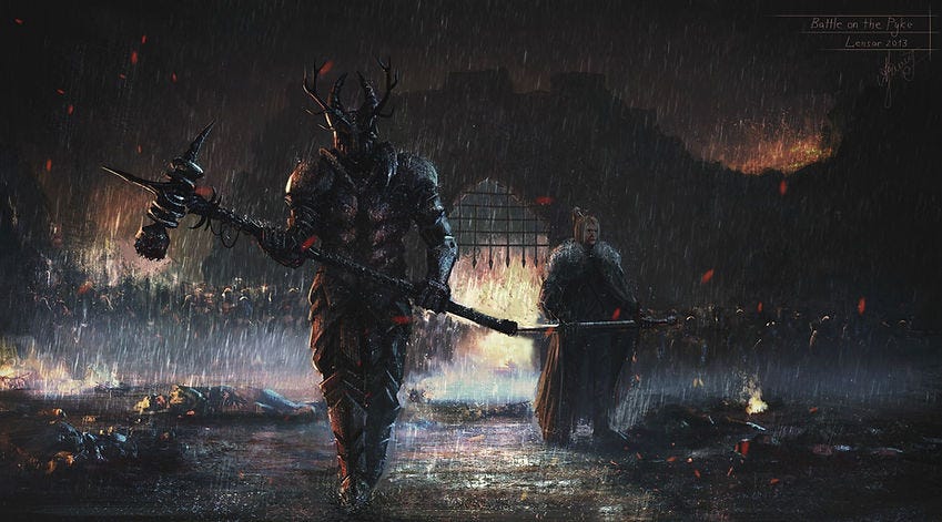 In the pouring rain, Robert wears his full armor with antlered helm; Ned stands in the background without helmet. Each bears their personal weapon: Robert's warhammer and Ned's Valyrian sword Ice.