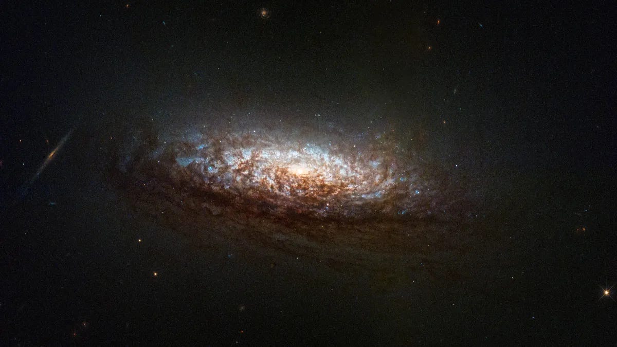 A bright spiral galaxy is pictured as a swirl of light blue, brown, and darker reddish-brown hues against the blackness of space.