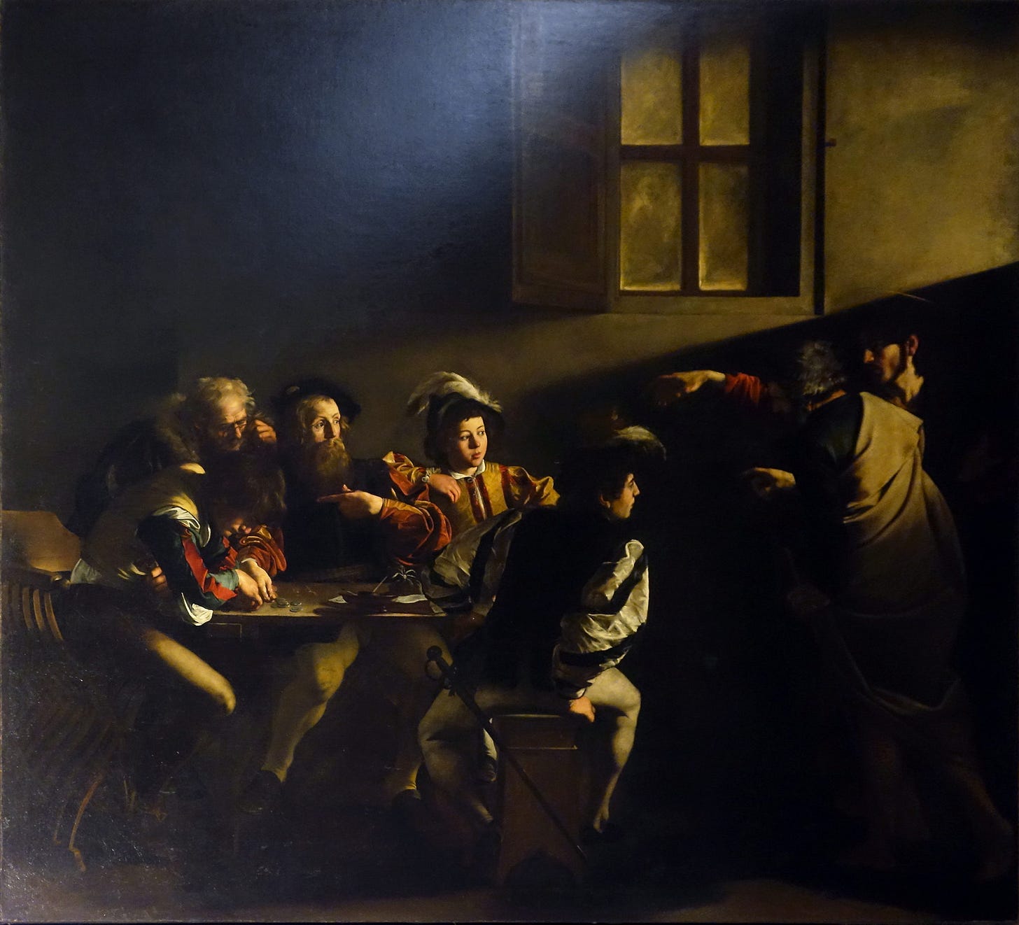 Caravaggio, Calling of Saint Matthew, c. 1599–1600, oil on canvas, 322 cm × 340 cm (San Luigi dei Francesi, Rome, photo: Steven Zucker, CC BY-NC-SA 2.0)