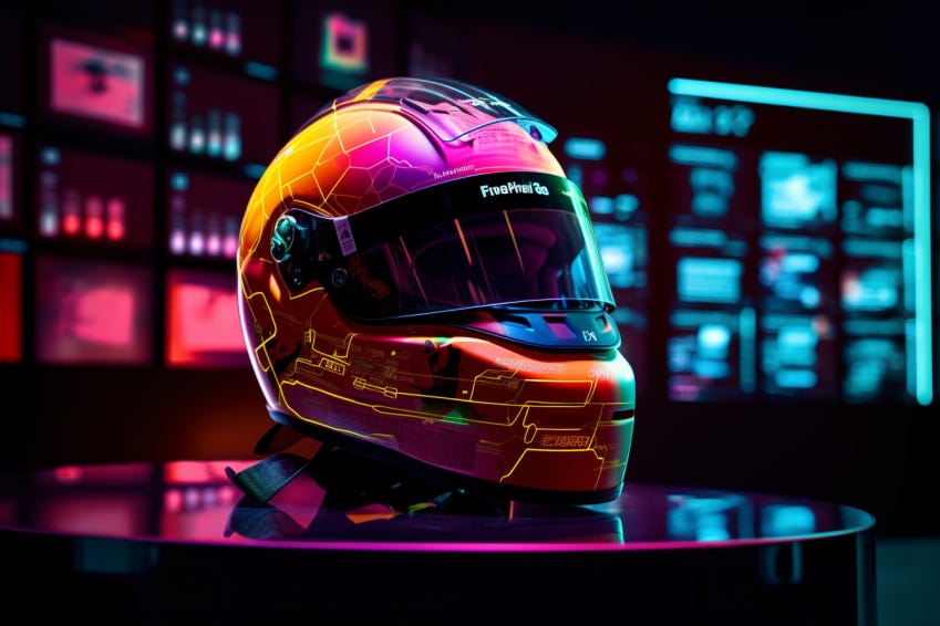 Still life photo of a physical Formula One racing helmet positioned next to a digital display showcasing an animated NFT artwork featuring iconic moments from Formula One history, representing the convergence of physical and digital realms through NFTs, using studio lighting and a medium format camera. --ar 3:2  --v 5.1  --s 750 --q 2