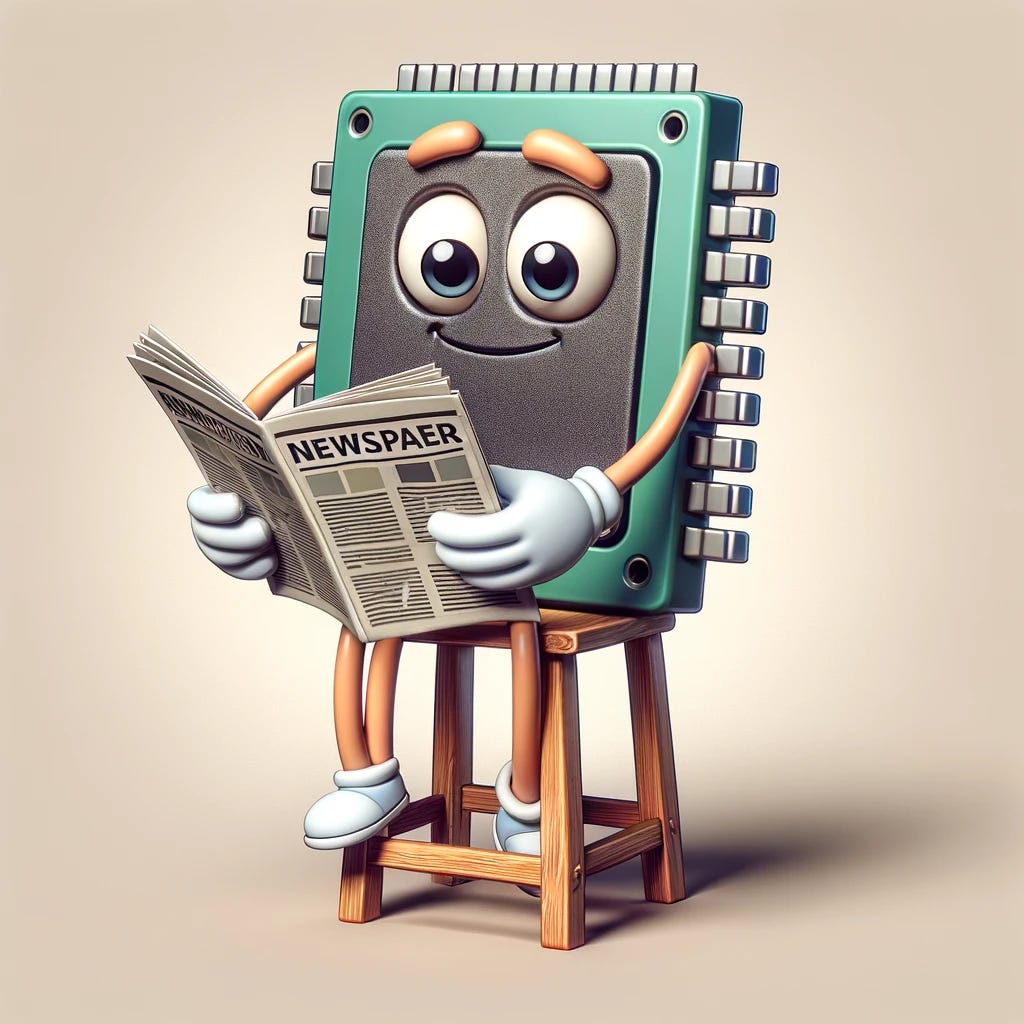 A cartoon-style image of a computer chip with human-like arms, sitting on a stool. The chip is reading a newspaper, depicted with exaggerated features for a humorous effect. The chip should have a friendly, animated facial expression, suggesting curiosity or interest. The background is simple, focusing on the chip character. The stool is a classic wooden design. The newspaper should have generic headlines, with no specific text, to maintain a timeless feel. This image should resemble a newspaper comic strip in style.