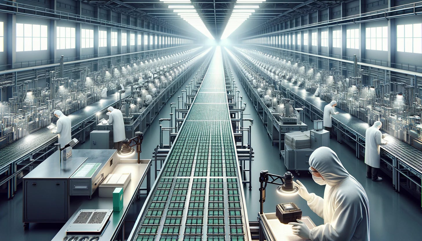 Create a photorealistic landscape image depicting an extensive factory floor filled with endless conveyor belts. These belts are densely packed with microchips. Scientists and engineers, wearing lab coats and protective gear, are intently inspecting the microchips using advanced equipment, such as magnifying glasses and handheld scanners. The factory is bathed in bright, white light from overhead LED panels, casting sharp shadows and giving the scene a clean, technological ambiance. This image highlights the meticulous process of microchip manufacturing and quality control.