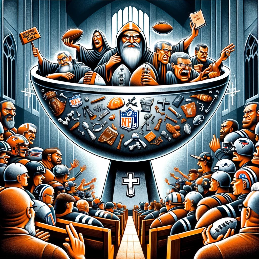 An illustration representing a concept titled 'The Super Critical Bowl'. The image features a large, stylized bowl situated in the center, filled with a mix of symbols and icons representing both Christianity (like crosses, Bibles) and elements from the Super Bowl (like footballs, helmets, and goalposts). Around the bowl, there are several caricatured figures with exaggerated expressions of criticism and disapproval. These figures are gesturing towards the bowl, symbolizing their critical stance. The background is a blend of a church interior and a football stadium, merging the two themes seamlessly. The overall tone is satirical, capturing the essence of criticism within a sports and religious context.