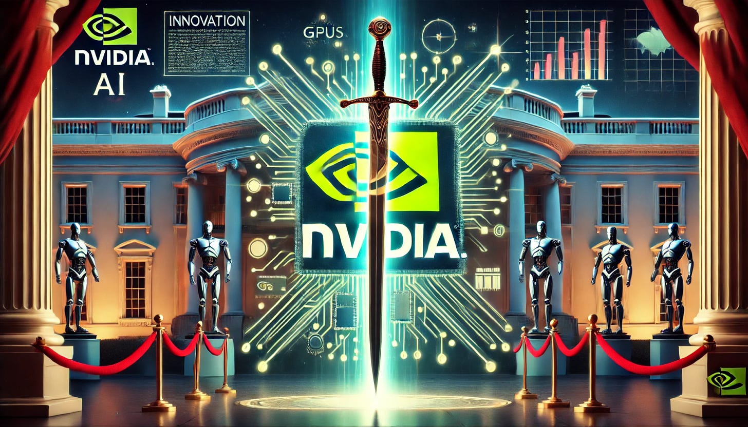 A 16:9 futuristic illustration symbolizing Nvidia AI regulations by the White House as a double-edged sword. The scene features a glowing Nvidia logo split into two parts by a sharp sword. One side represents innovation, with glowing GPUs and AI-powered robots, while the other side depicts restrictions, with red tape and dimmed technology symbols. The background shows a White House silhouette with holographic legal documents and policy graphs floating above it. The overall atmosphere conveys both opportunity and limitation, emphasizing the dual nature of AI regulations.