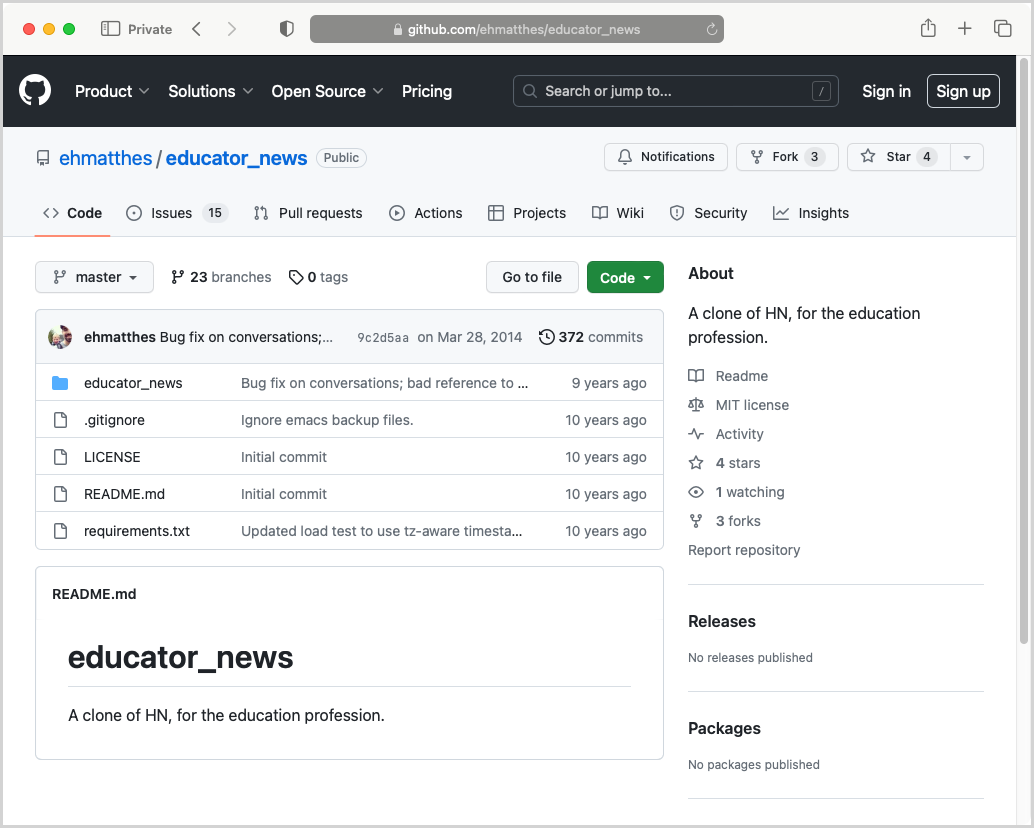 Screenshot of GitHub repository page for educator_news.