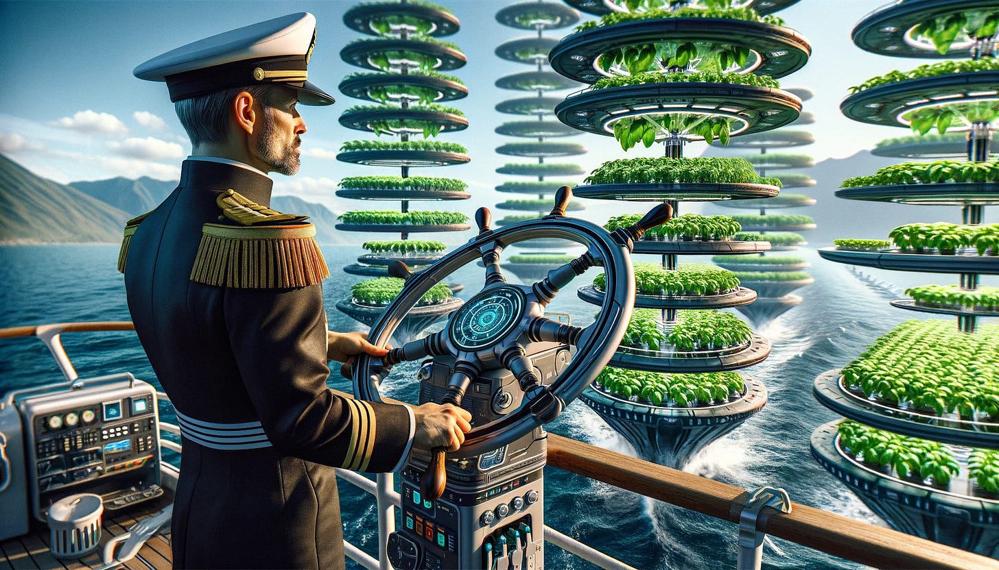 A seasoned captain pilots a modern hydroponic ship with multiple levels of lush crops, a symbol of advanced marine agriculture