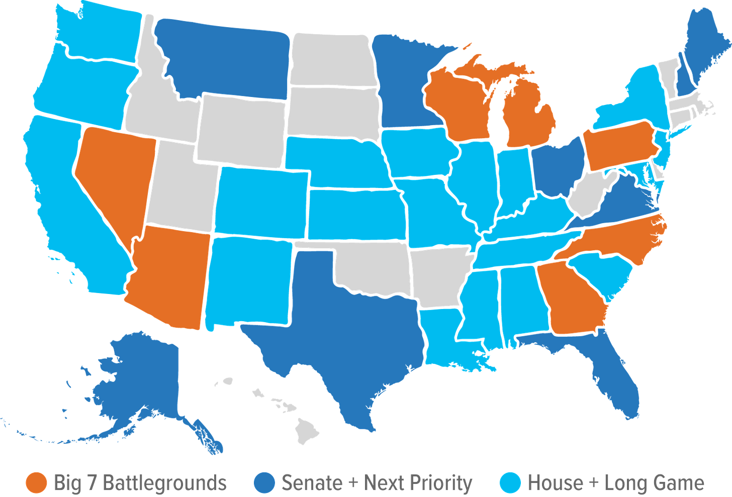 Map of MVP's 2024 state targeting, showing Big 7 Battlegrounds, Senate + Next Priority, and House + Long Game states